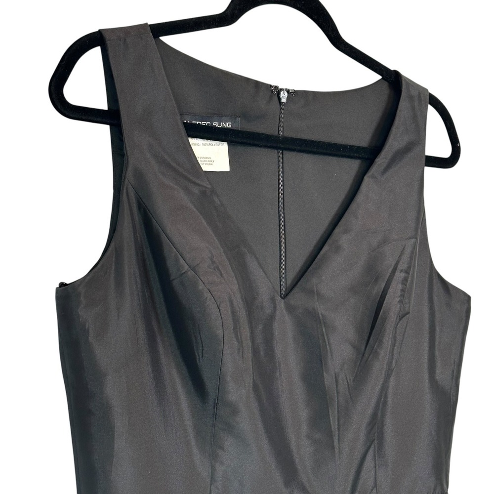 Alfred Sung Midi Dress High Low V-Neck Pleated Pocket Black‎ 12 Dupioni Satin - Picture 4 of 11